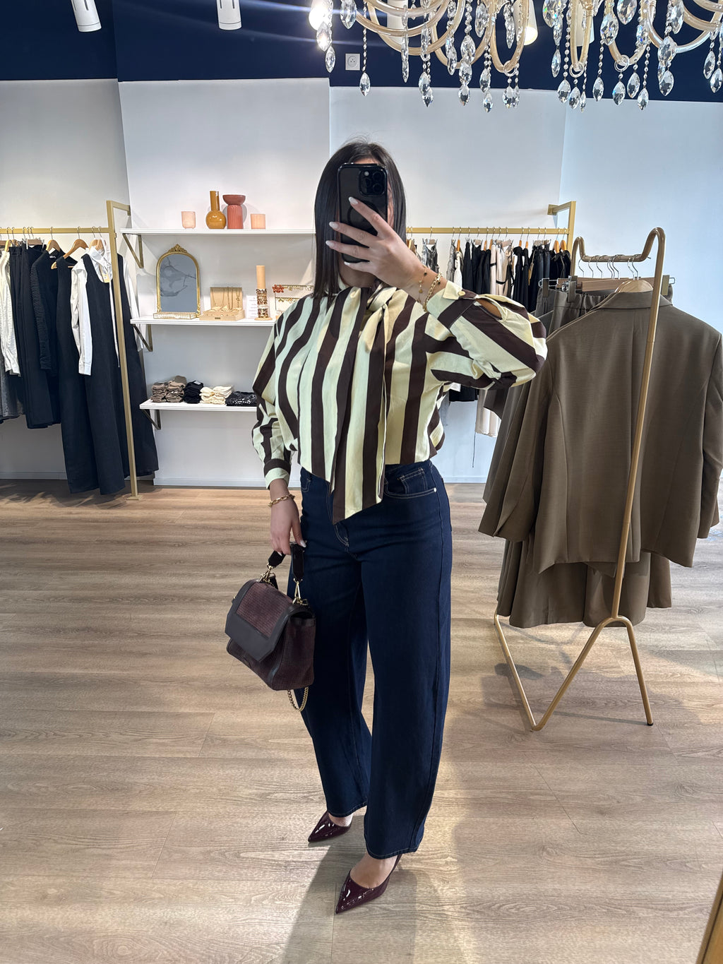Blouse à larges rayures chocolat et écru
